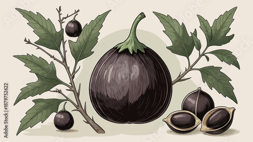 A detailed botanical illustration showcases a vibrant black fruit surrounded by lush green leaves and branches with a cracked seed nearby high-quality professional