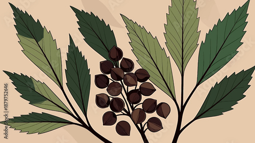 A detailed illustration depicts a branch with vibrant green leaves dark brown seed pods and a focus on botanical accuracy and natural elements