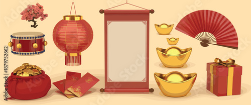 Traditional Chinese New Year decoration set with lantern fan gold ingots red envelopes scroll gifts festive illustration