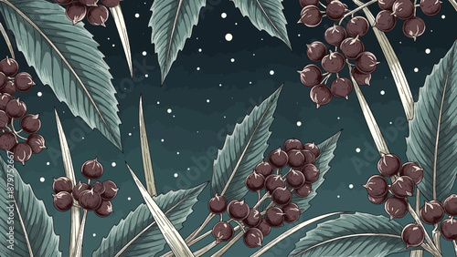 A beautifully detailed botanical illustration showcases clusters of dark reddish brown berries and lush green coffee plant leaves against a deep teal background with