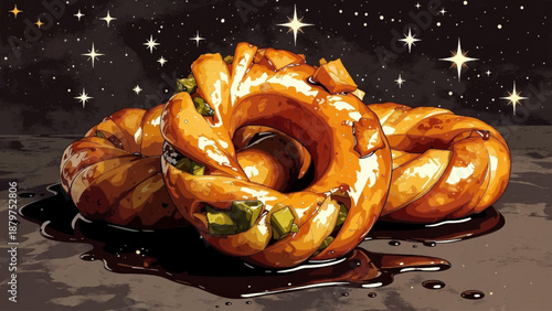 A beautifully illustrated image depicts a glistening spiral shaped pastry with a rich dark glaze set against a sparkling night sky backdrop filled with