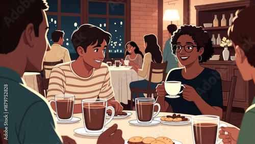 A cozy and warmly lit scene depicts a group of friends gathered around a table enjoying coffee and conversation during a relaxed evening gathering