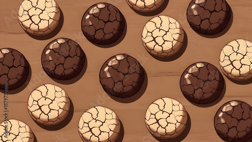 A top down view presents an assortment of oval shaped chocolates some with cracked surfaces arranged on a wooden surface showcasing rich delectable treats