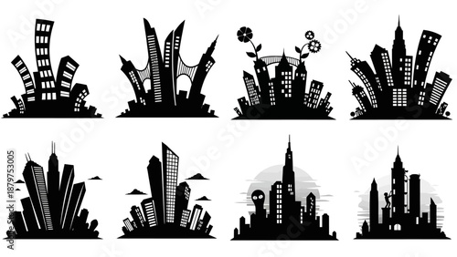 Set of various modern and stylized city skylines urban landscapes silhouettes including futuristic skyscrapers buildings and abstract town illustrations
