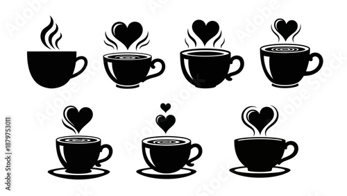 Set of black silhouettes of coffee cups and tea mugs with steam and heart shapes symbolizing love warmth comfort and hot beverages collection