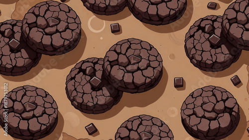 A top down view showcases several dark chocolate cookies scattered across a light brown surface some broken into smaller pieces creating a delicious scene