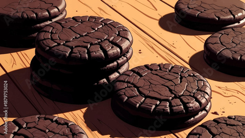 A close up still life depicts stacks and individual dark chocolate cookies on a warm wooden surface creating a delectable and inviting scene