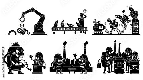 Cartoon monster characters industrial factory workplace scene manufacturing production assembly line labor and mechanical process illustrations set