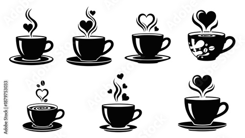 Eight different stylized coffee mugs with heart shaped steam illustrations for beverage lovers
