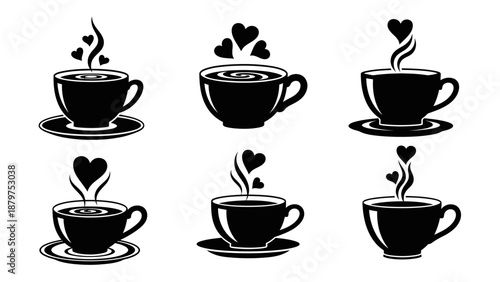 Set of six black coffee cups with steam forming heart shapes collection