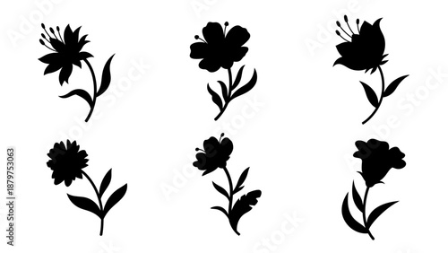 Six different stylized flower silhouettes with stems and leaves for nature design