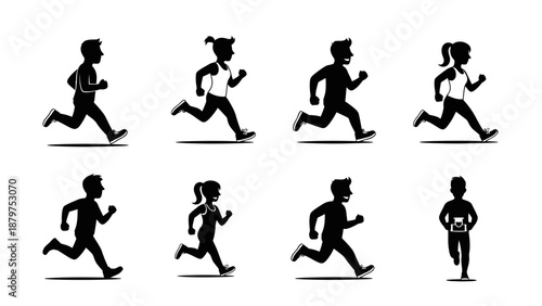 Silhouette running athletes collection featuring male and female joggers in various dynamic motion poses for fitness and marathon sports competition