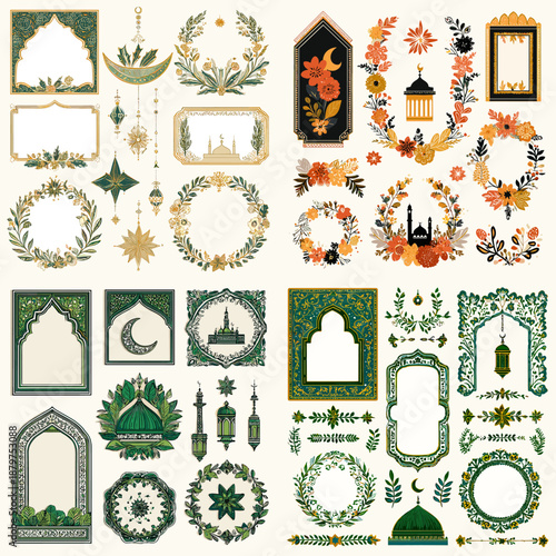 Decorative Islamic frames and ornamental elements with floral motifs lanterns and mosque shapes. Elegant religious designs ideal for Ramadan Eid invitations greetings and cultural layouts.