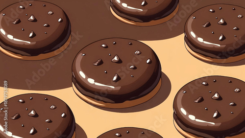 A delightful arrangement of chocolate sandwich cookies with a glossy finish and scattered chocolate chips presented on a warm inviting tan background high-quality