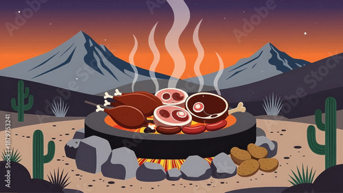 A desert landscape with a barbecue grill and food on fire high-quality professional detailed modern elegant stylish clean crisp vibrant colorful digital creative