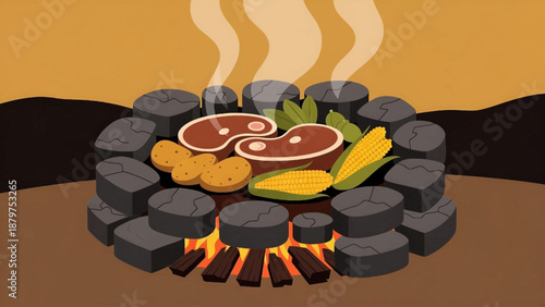 A delightful illustration depicts a barbecue scene with sizzling steaks golden potatoes and fresh corn on the cob all cooking over a charcoal grill