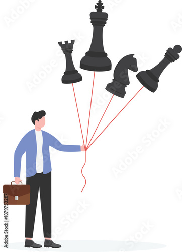Businessman Holding Chess Pieces Like Balloons