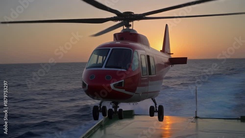Rescue helicopter taking off from ship deck at sunset