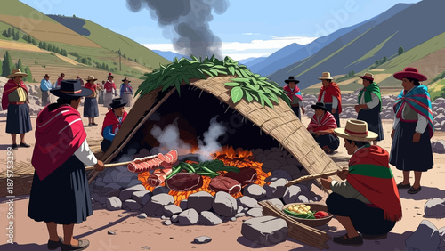 People gathered around a large outdoor cooking fire in a valley high-quality professional detailed modern elegant stylish clean crisp vibrant colorful digital creative