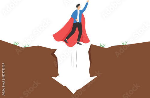 Superhero Businessman Landing to Bridge Chasm