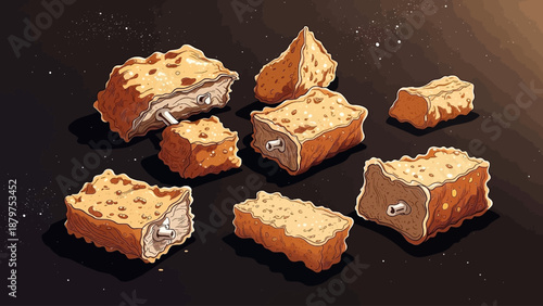 An artistic rendering depicts floating pixelated cheese blocks with exposed holes in a dark speckled cosmic environment resembling outer space high-quality professional detailed