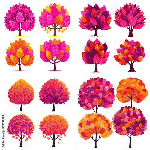 Collection of colorful stylized trees with round foliage in autumn tones. Decorative nature illustrations ideal for seasonal designs forest themes branding and creative graphic projects.