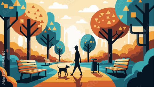 A peaceful autumn scene depicts a man walking his dog along a path in a stylized park landscape