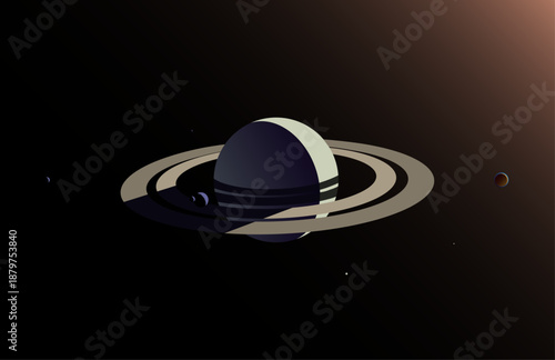 Saturn system. Space and astronomy banner. Vector illustration background 