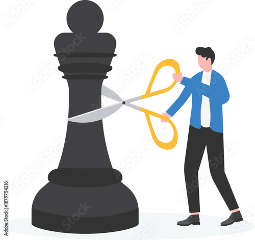 Businessman Cutting Chess Piece with Scissors
