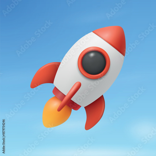Vector 3d Red and White Rocket Launch on a Blue Sky Background. Rocket Startup, Rocket Ship with Flame for Startup, Product Launch, Space, Mission Concept