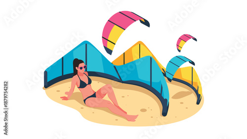 Sunny beach day with colorful kites and relaxing vacation vibes