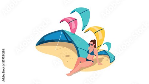 Colorful kite surfing adventure on a sunny beach with relaxing vibes