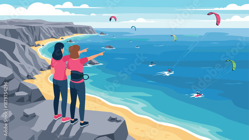 Couple enjoying scenic coastal view with kite surfers and rocky cliffs