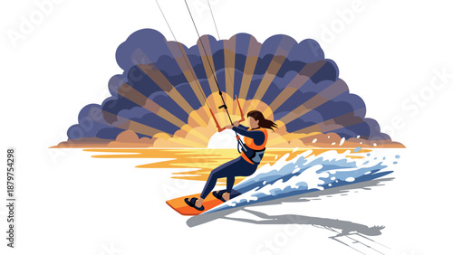 Sunset kiteboarding adventure on water with orange and purple sky