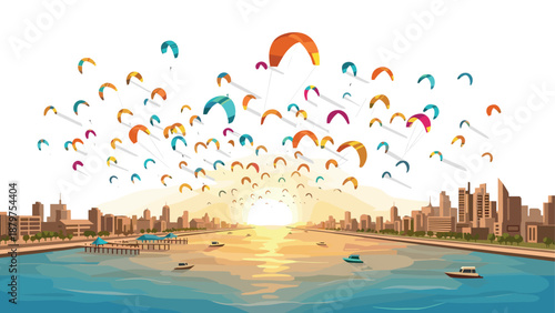 Colorful kitesurfing adventure over sunset cityscape by the ocean