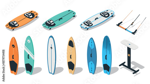 Collection of colorful kiteboards and surfboards in isometric style