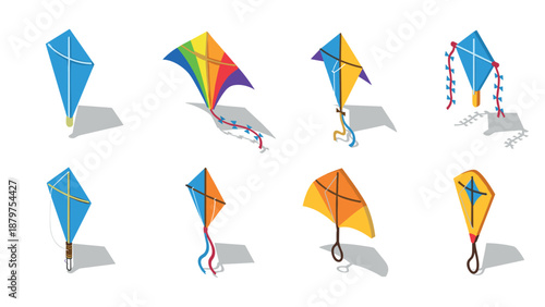Colorful kite collection with shadow effects for kids' outdoor fun