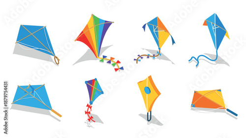 Colorful collection of kites with long shadows in flat design