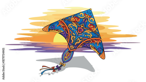 Colorful kite with intricate patterns flying against a sunset sky