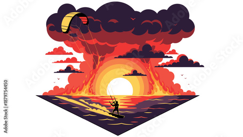 Dynamic kiteboarding at sunset with vibrant sky and ocean silhouette