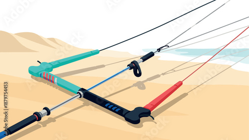 Colorful kiteboarding control bar on sandy beach with ocean waves