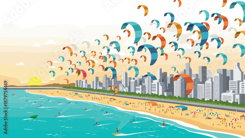 Colorful coastal kite festival over vibrant city skyline and sunny beach