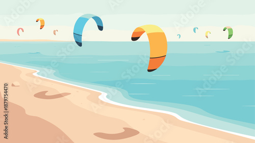 Colorful kites soaring over a serene beach in a minimalist art style