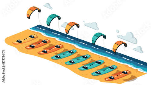 Colorful kitesurfing on sandy beach with waves in isometric style