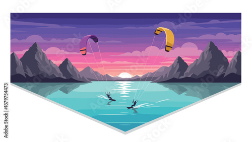 Kitesurfing at sunset with mountains and calm water