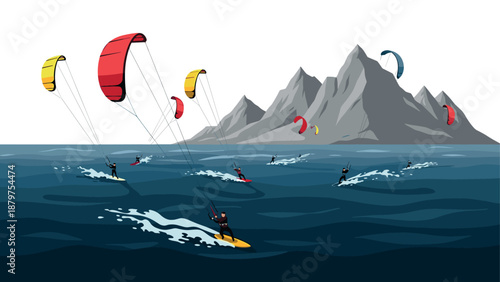 Kitesurfers glide over ocean waves with majestic mountains in the background