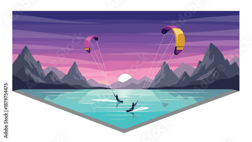 Sunset kiteboarding adventure on tranquil lake with mountain backdrop