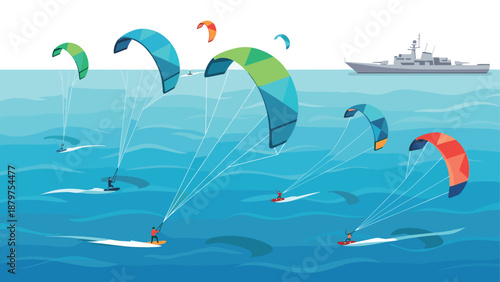 Kitesurfers gliding on blue ocean with sailing ships in the background