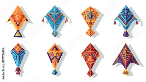 Colorful ethnic kites with geometric patterns and tribal designs in flat style