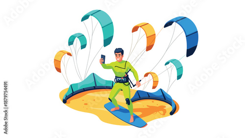 Adventurous kitesurfer taking selfie with vibrant kites on sandy beach